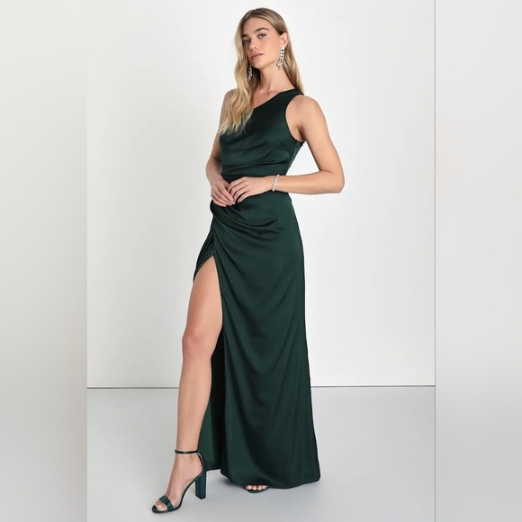Lulus Dreaming of Elegance Emerald Satin One-Shoulder Maxi Dress S Wedding Party - Picture 3 of 9